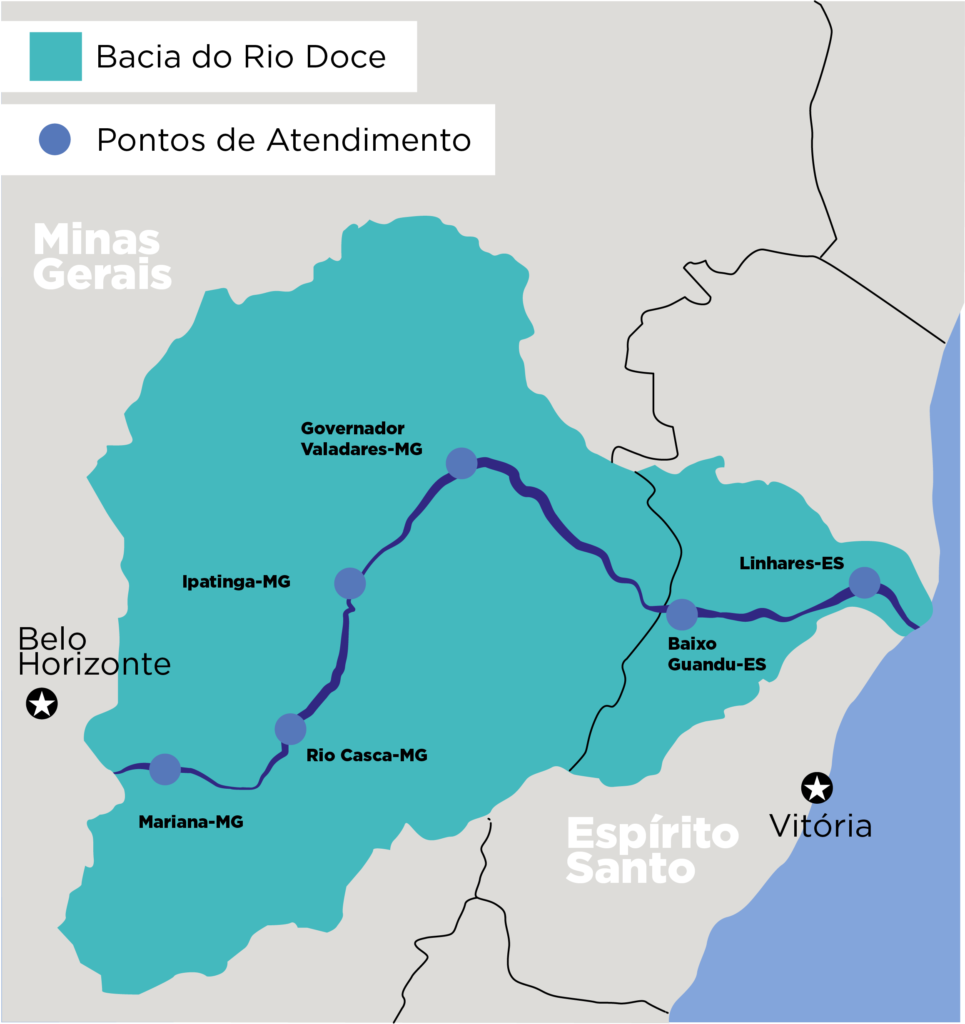 Mapa das comarcas dos municípios atendidos pelo Projeto Impulso Rio Doce